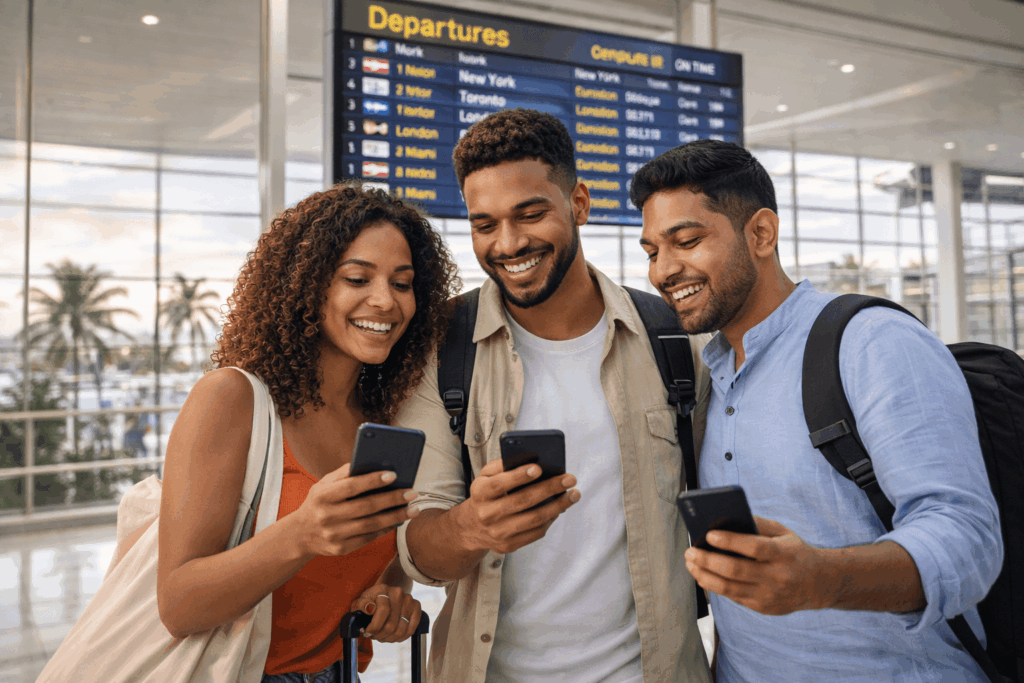 Travellers at an airport using their phones before departure