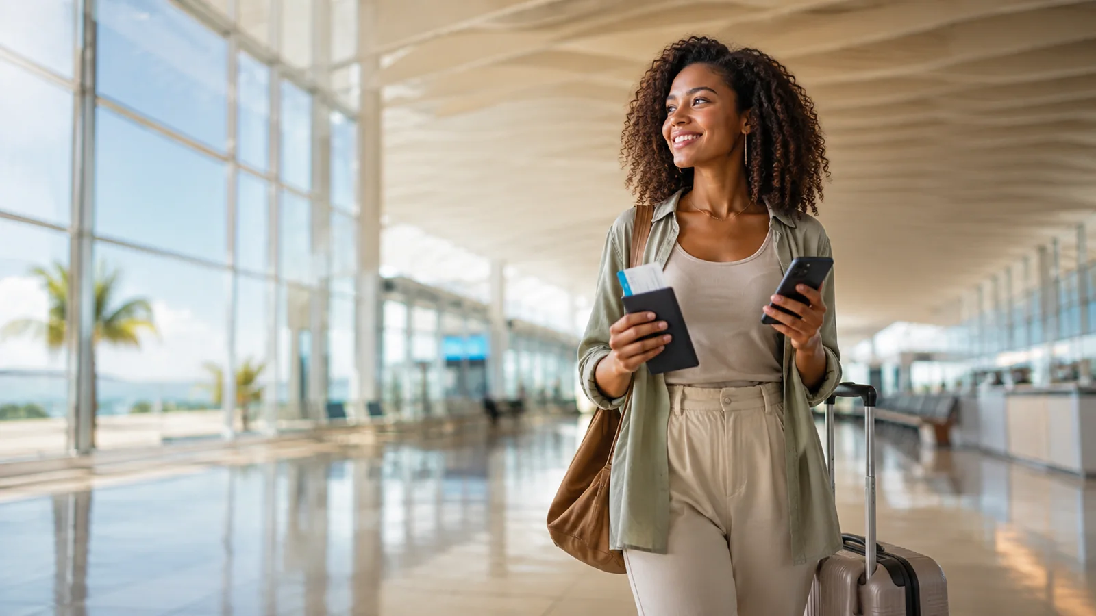 Traveller at an airport holding a passport and smartphone before departure