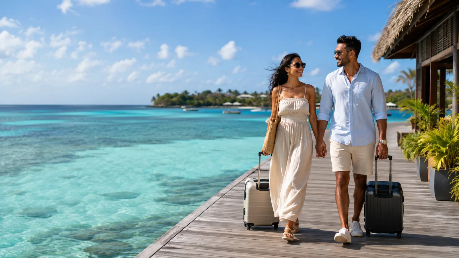 Couple — Caribbean resort arrival
