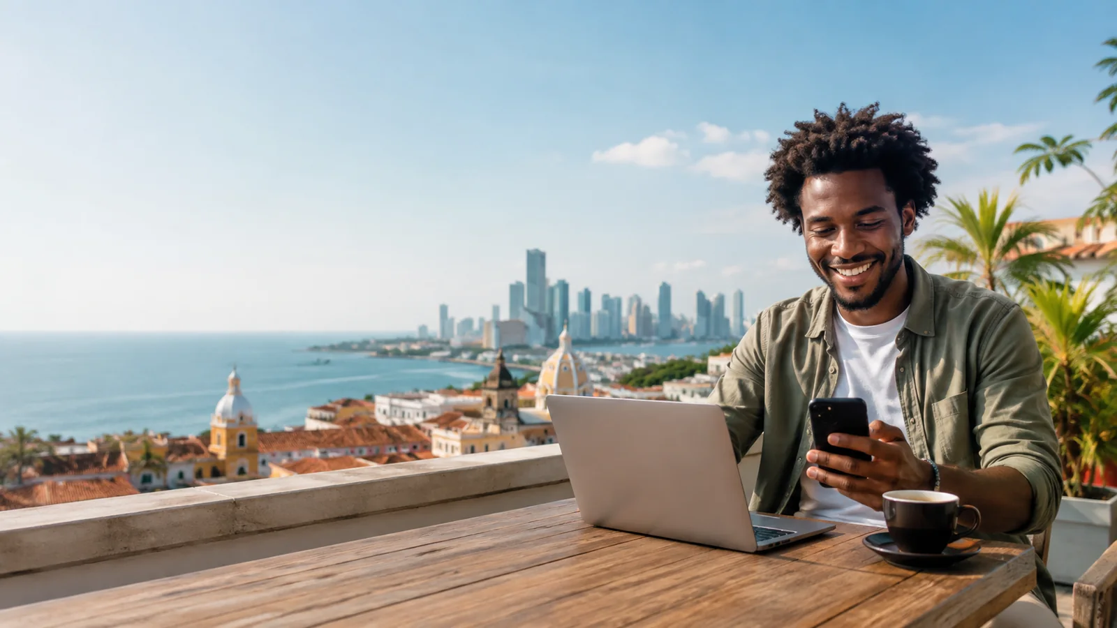 Solo professional — remote work overlooking coastal city