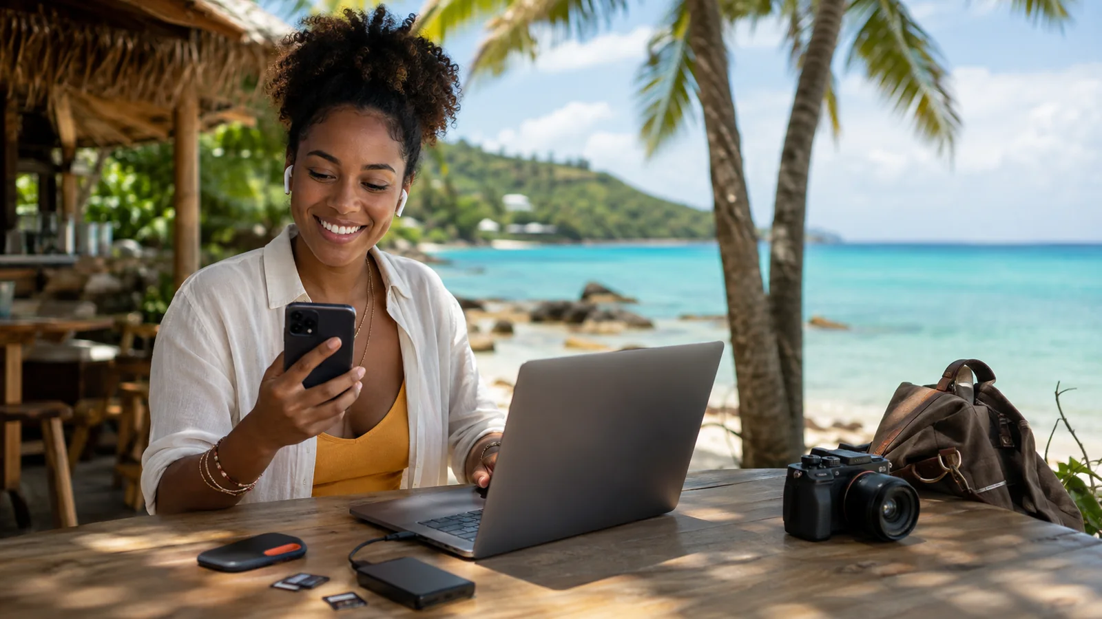 Solo creator/professional — beachside remote work