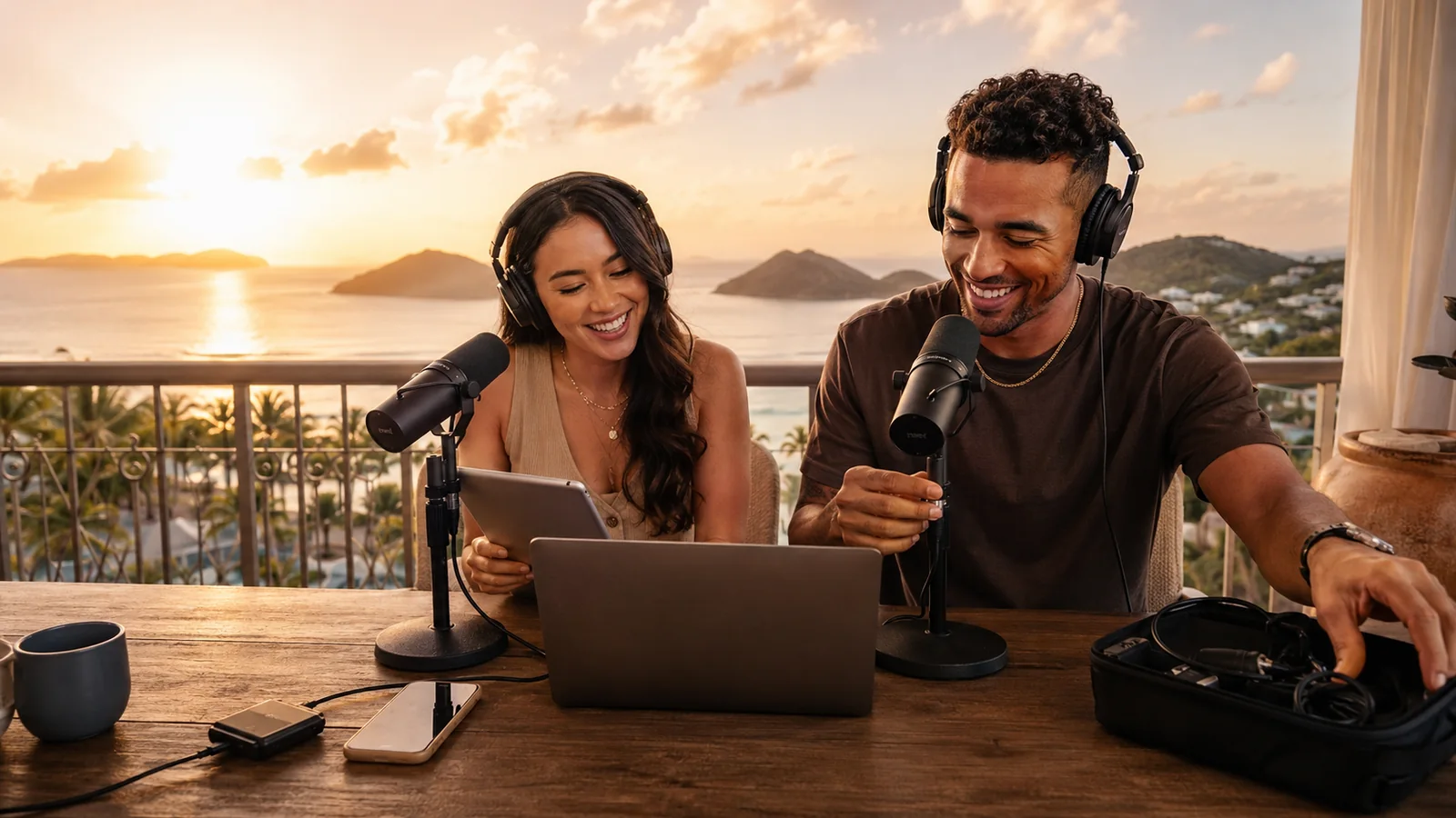 Couple/creators — podcast/content production at sunset