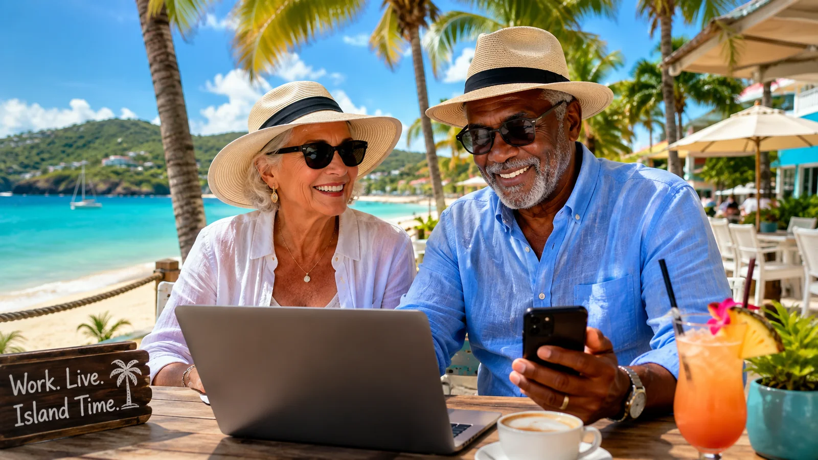 Older couple — snowbird couple working at beach café