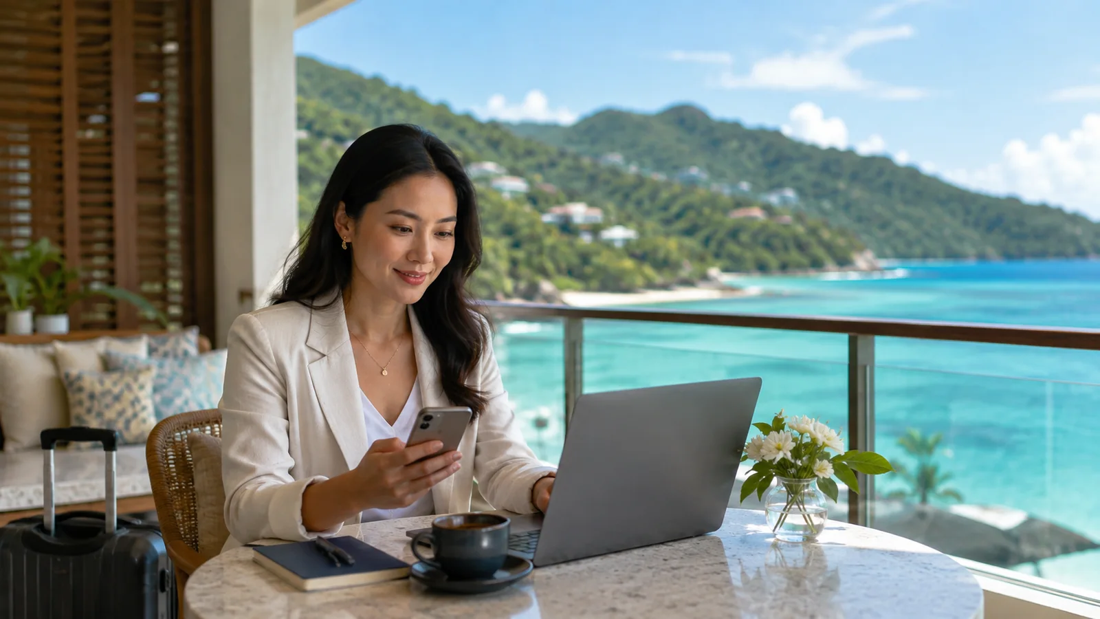 Solo professional — Caribbean terrace remote work