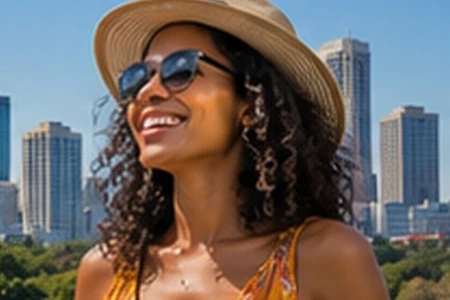 Black Caribbean woman — Atlanta skyline travel — in Atlanta