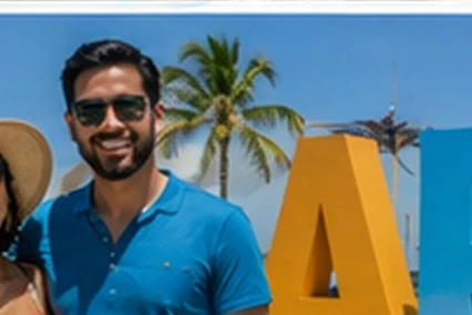 Caribbean couple — Aruba landmark and palm-lined coast — in Aruba