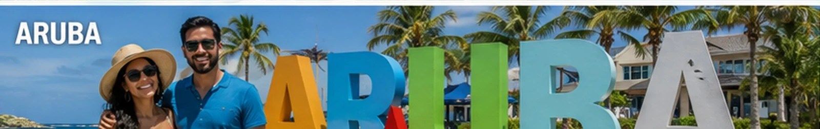 Caribbean couple — Aruba landmark and palm-lined coast — in Aruba