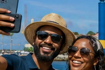 Caribbean couple — Barbados waterfront welcome landmark — in Barbados