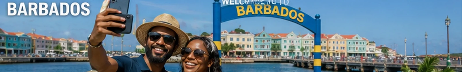 Caribbean couple — Barbados waterfront welcome landmark — in Barbados