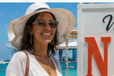 Mature woman traveller — Nassau Bahamas welcome landmark — in The Bahamas