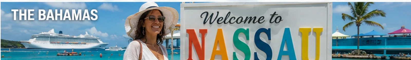 Mature woman traveller — Nassau Bahamas welcome landmark — in The Bahamas