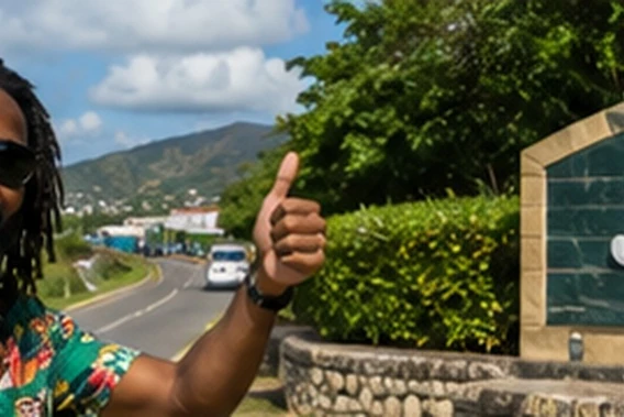 Black Caribbean man — Jamaica welcome landmark and island road — in Jamaica