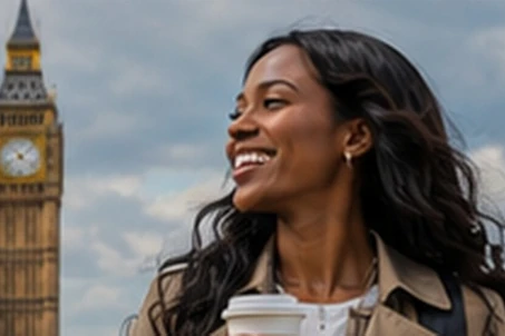 Black woman business traveller — London Westminster and Big Ben — in London