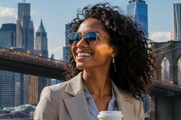 Black woman business traveller — New York City and Brooklyn Bridge — in New York City