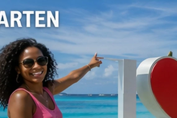 Black Caribbean woman — Sint Maarten airport landmark and beach — in Sint Maarten