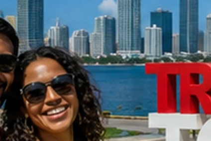 Caribbean couple — Trinidad and Tobago waterfront landmark — in Trinidad & Tobago